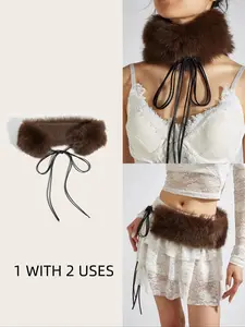 Vintage Elegant Faux Fur Belt for Women, Coffee Color Rabbit Fur Wrap & Waist Tie, Versatile Accessory for Winter Parties, Boho Style Belt