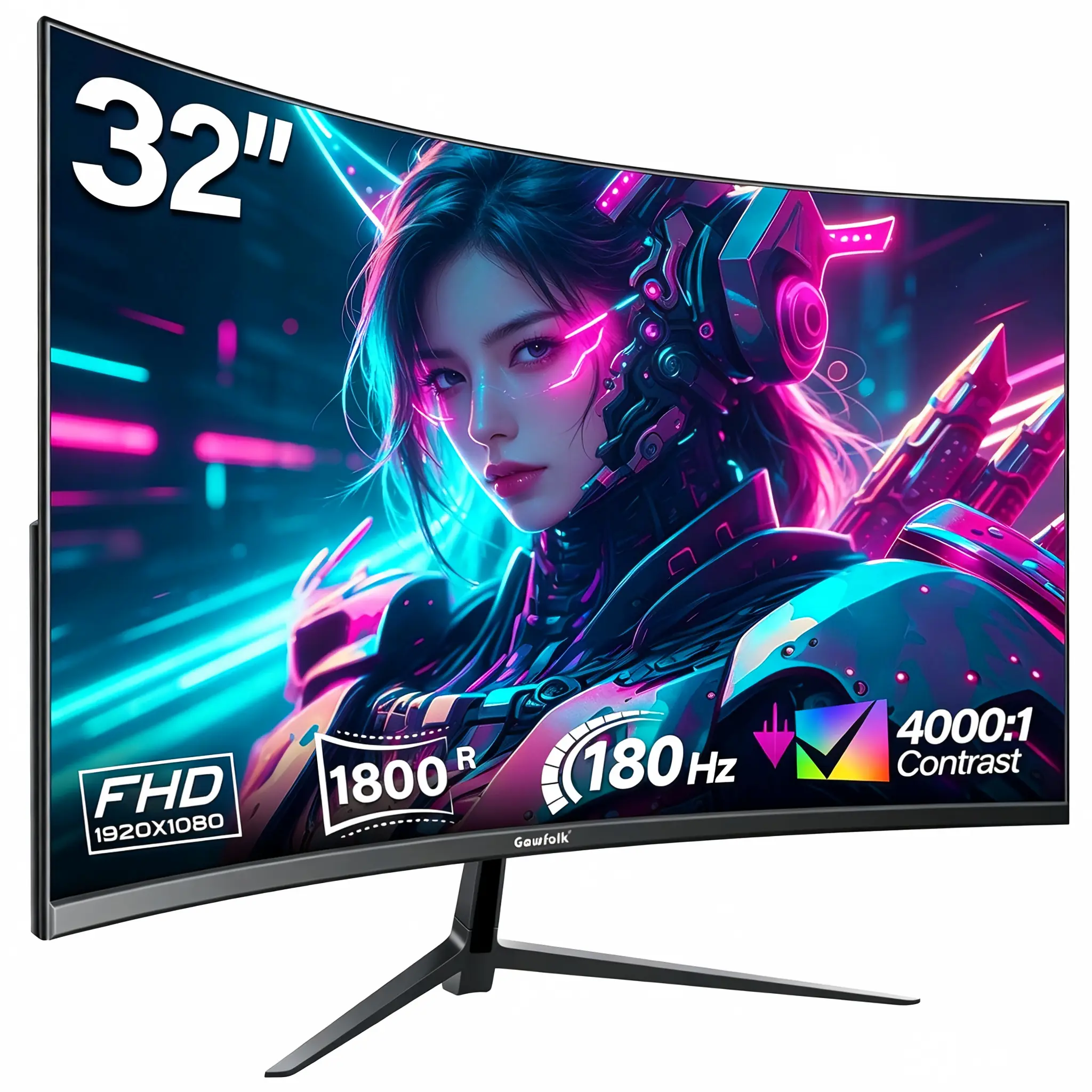Gawfolk 32" VA Curved Gaming Desktop Monitor - 180Hz, FHD 1080p, 1800R, 1ms, FreeSync, HDMI/DP, VESA 100x100mm, for Home & Office, Desktop Monitor Curved