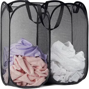 Handy Laundry Mesh Popup Hamper - Two Compartments, Collapsible for Storage and Easy to Open. Folding Pop-Up Clothes are Great for The Kids Room, College Dorm or Travel. (Black)