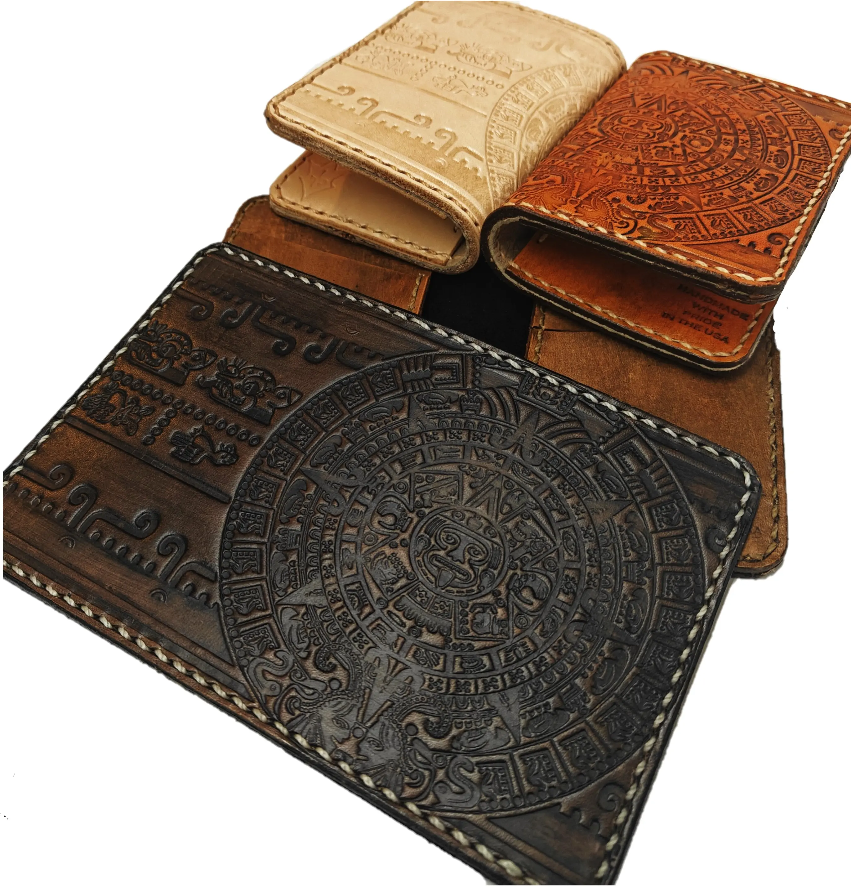 JP Leathercraft Aztec Calendar Bill Fold Wallet Leather Handmade Tan Black Brown
