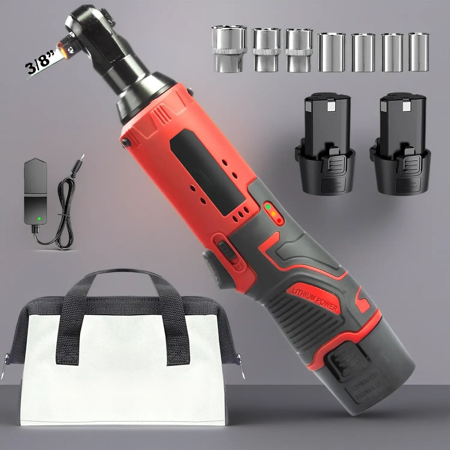 12V Cordless Ratchet Wrench, 2 x 2.0Ah Batteries Impact for Car Home, Red,Cordless Electric Ratchet Wrench Set, 40FT-LBS (45N.m) 3/8" Electric Ratchet