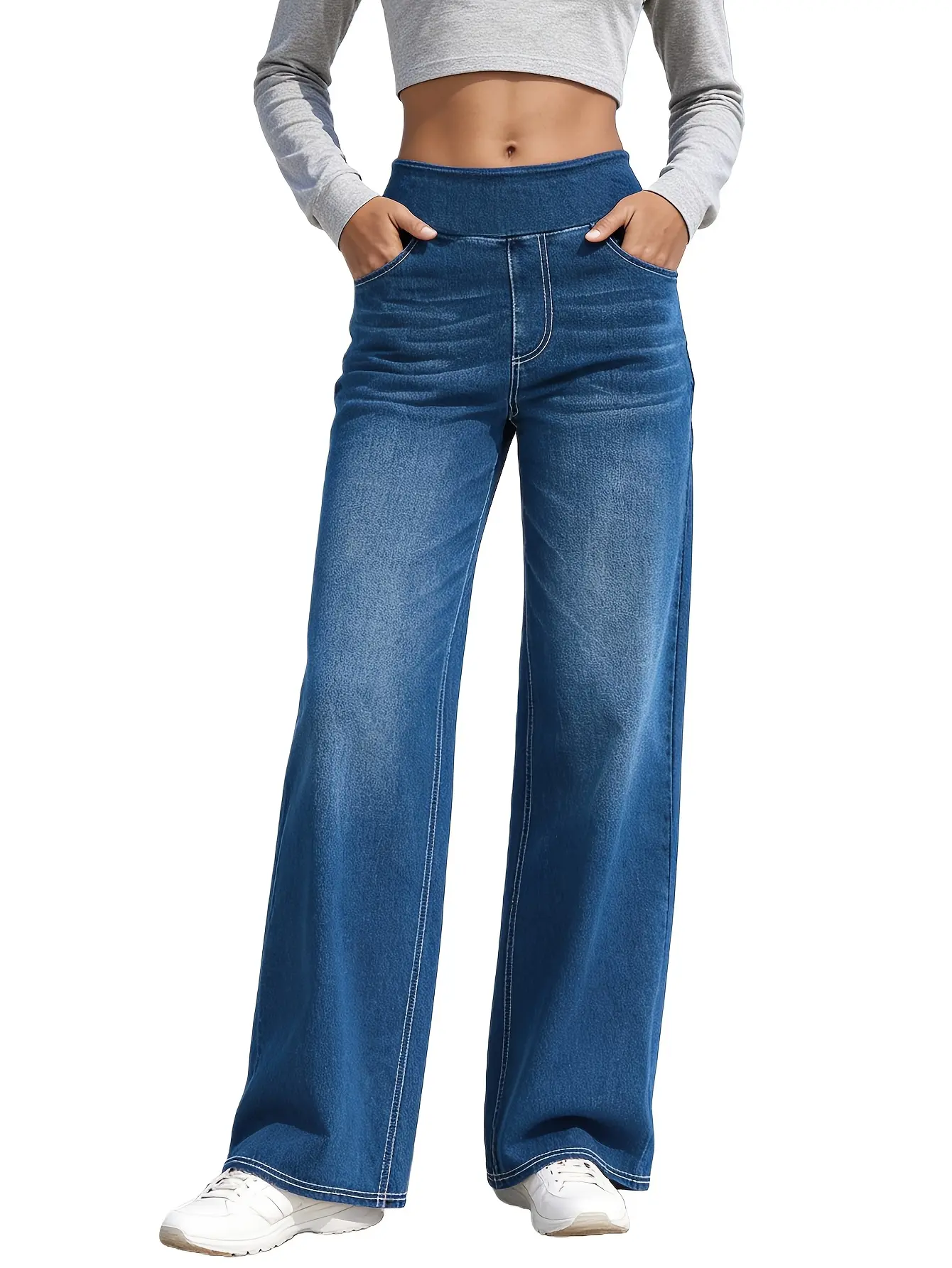 Women High Waist Elastic Stretch Waist Wide Leg Jeans, Loose Straight Pants With Pockets, All Season Daily Casual Trousers Bottoms Womenswear