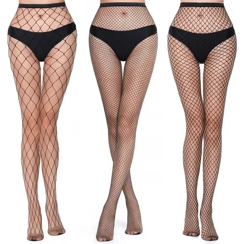 Women's Elegant Stretch-to-Fit High-Waist Geometric Diamond Mesh Black Fishnet L-Hole Stockings - 3 PCS, One Size Plus Size, Slimming Lingerie Accessories for Party, Women's Halloween