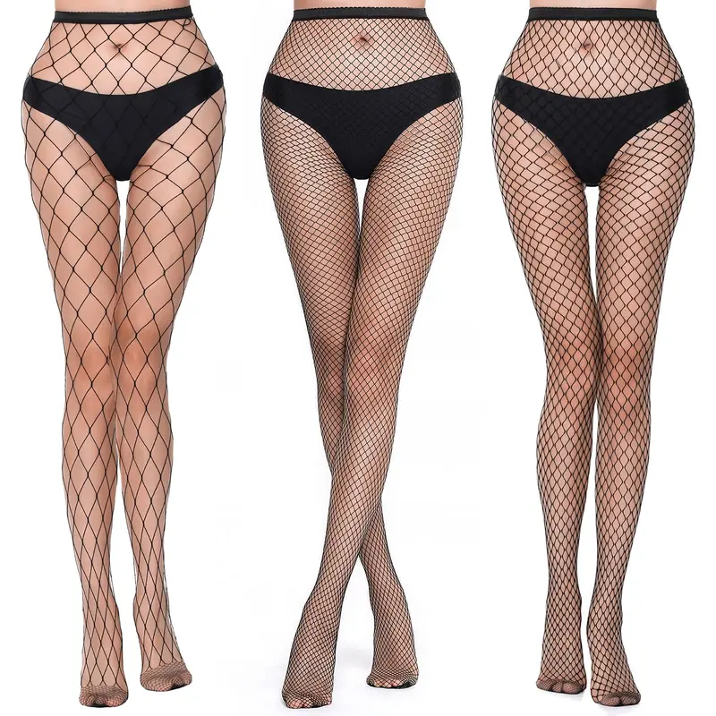Women's Elegant Stretch-to-Fit High-Waist Geometric Diamond Mesh Black Fishnet L-Hole Stockings - 3 PCS, One Size Plus Size, Slimming Lingerie Accessories for Party, Women's Halloween