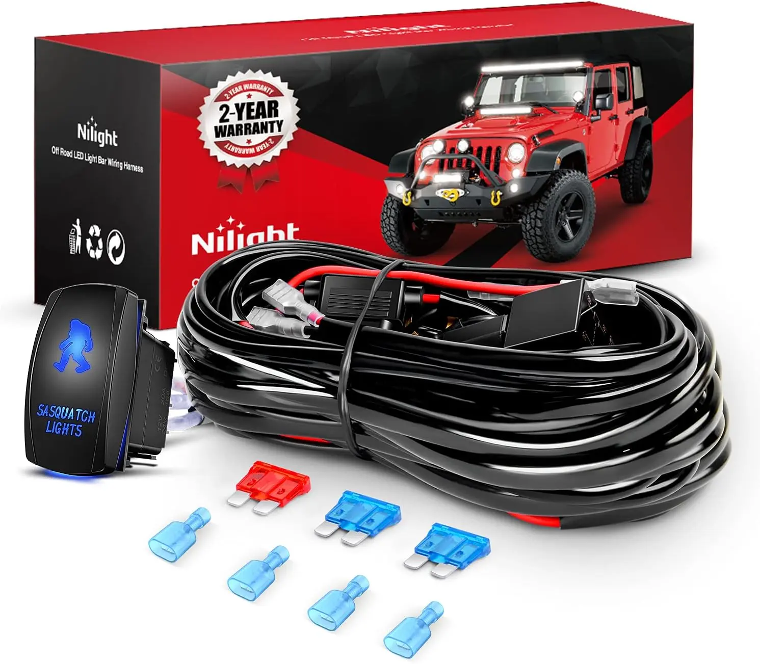 Nilight NI -WA 07 LED Light Bar Wiring Harness Kit SASQUATCH LIGHTS 12V 5Pin Rocker Laser On off Waterproof Switch Power Relay Blade Fuse-2 Lead, Led Lights Car, Light Bars Lightbar Underglow Car