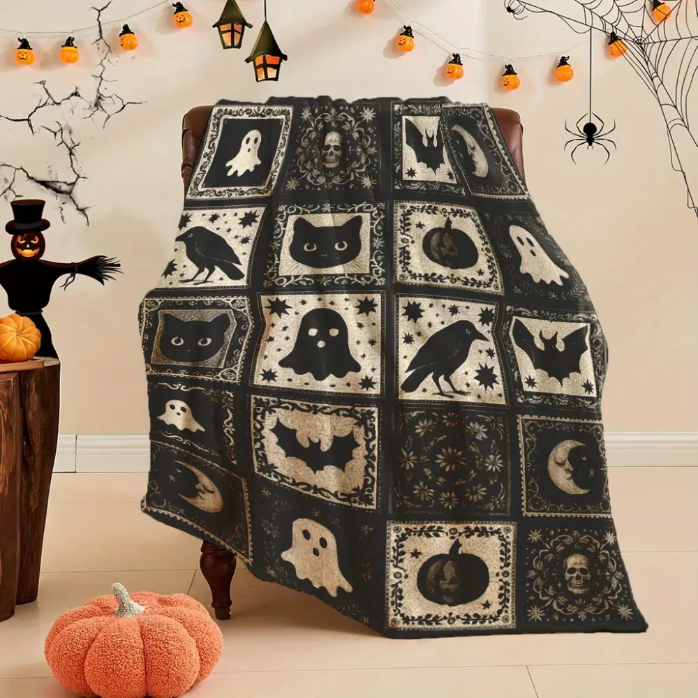 Gothic Halloween Throw Blanket, Vintage Spooky Black Blanket with Ghost Bat Skull Pumpkin Design, Dark Academia Witchy Home Decor Blanket for Couch Sofa Bedroom, Cozy Soft Fleece Fall Halloween Gift for Women Girls