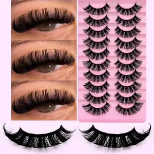 10 Pairs D Curl Russian Striped Synthetic False Eyelashes, Cat Eye Effect, Natural Fluffy Look, Lightweight Long Fox Eye Enhancing Lashes, Makeup