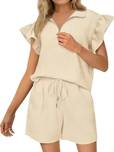BTFBM Women's Summer 2-Piece Outfits Sweatsuit Zipper V-Neck Casual Ruffle Short Sleeve Tops and Drawstring Shorts Lounge Sets