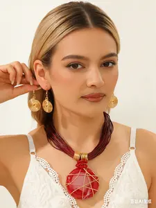 Boho Style Handmade Jewelry Set, Rope Pendant Necklace & Earrings, Elegant Evening Party Accessories for Women, 2-Piece Gift