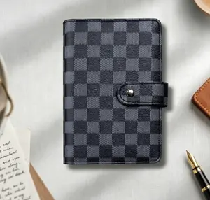 Vintage Checkered Leather A6 Binder Planner - Refillable Pocket Notebook with Snap Button Closure, Convenient to Carry, Easy Replacement, Lined Pages, Organized Writing, Removable Inserts, Luxury Grid Card Storage Mini Portfolio for Office School Use