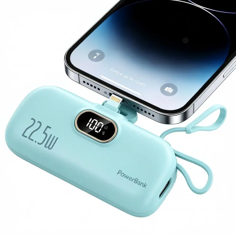 Mini Capsule Travel Power Bank, 5000mAh 22.5W Fast Charging External Battery, Built‑in Lightning & Type‑C Direct Plugs, Digital Power Display, Dual Output Type‑C & USB‑A, Hand‑Pocket Size Charger for iPhone Android, Assorted Color Options