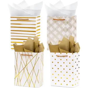 9"  Bags Medium Size with Tissue Paper, 4 Pack White  Wrap Paper  Bags with Handles for Shopping Parties Wedding  Shower Holiday Presents 4 Designs