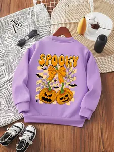 Girls' Halloween Pumpkin Bat Spider Print Sweatshirt, Long Sleeve Round Neck Casual Fitted Thicker Fabric Fall Winter Kids Clothing