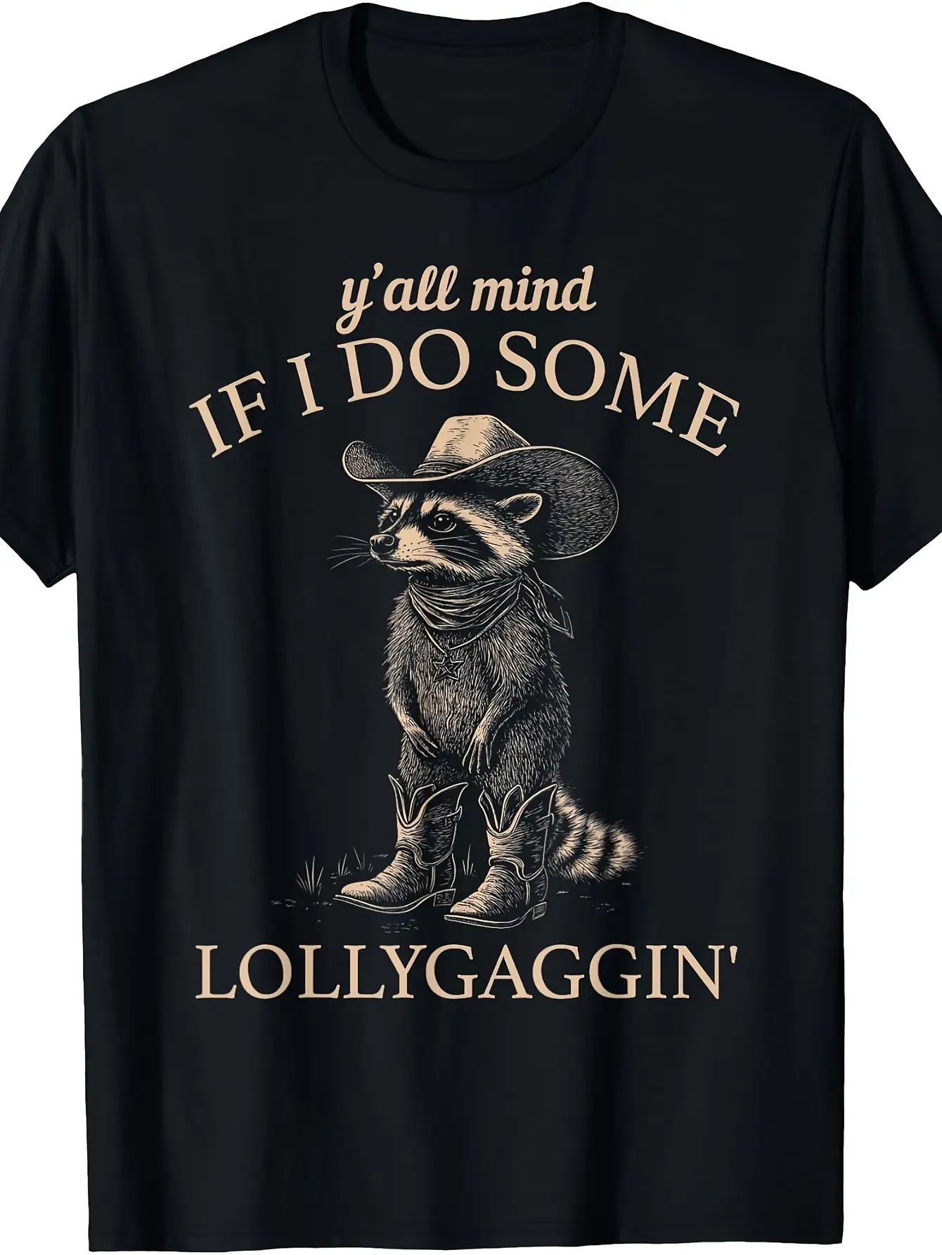 Funny Cowboy Raccoon T-Shirt - Retro Western Graphic Tee with "Y'all Mind If I Do Some Lollygaggin'" Slogan, Machine Washable Round Neck Casual Shirt Suitable for All- Wear & Cowboy Outfits