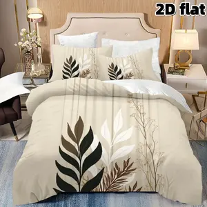 2D Flat 3Pcs Botanical Bedding Minimalist Leaf Pattern Duvet Cover Set with Pillowcases Natural Beige Cream Bedding Collection Modern Farmhouse Decor Soft Microfiber Bedding for Bedroom Home Decoration Queen Size