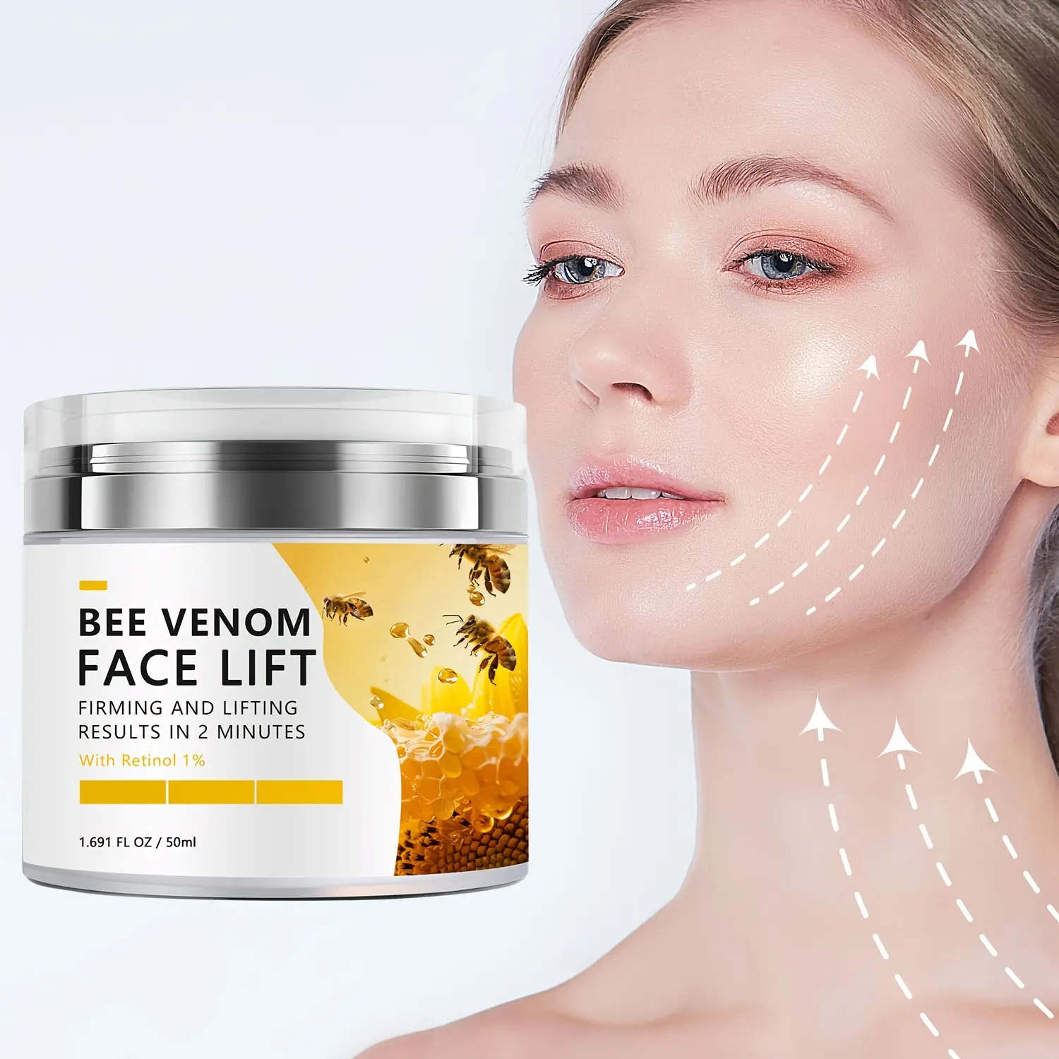 Bee Venom Lifting & Firming Cream: Improves facial sagging and fine lines while repairing mature skin. It deeply nourishes and lifts sagging skin, utilizing a dual anti-aging essence to firm, lift, and diminish dry lines and fine lines.