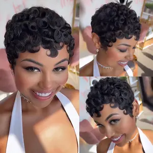 Short Pixie Cut Wig Human Hair Glueless Pixie Cut Wigs for Black Women Natural Black Color for Daily Use Full Machine Made Wig No Glue Short Curly Human Hair Wig