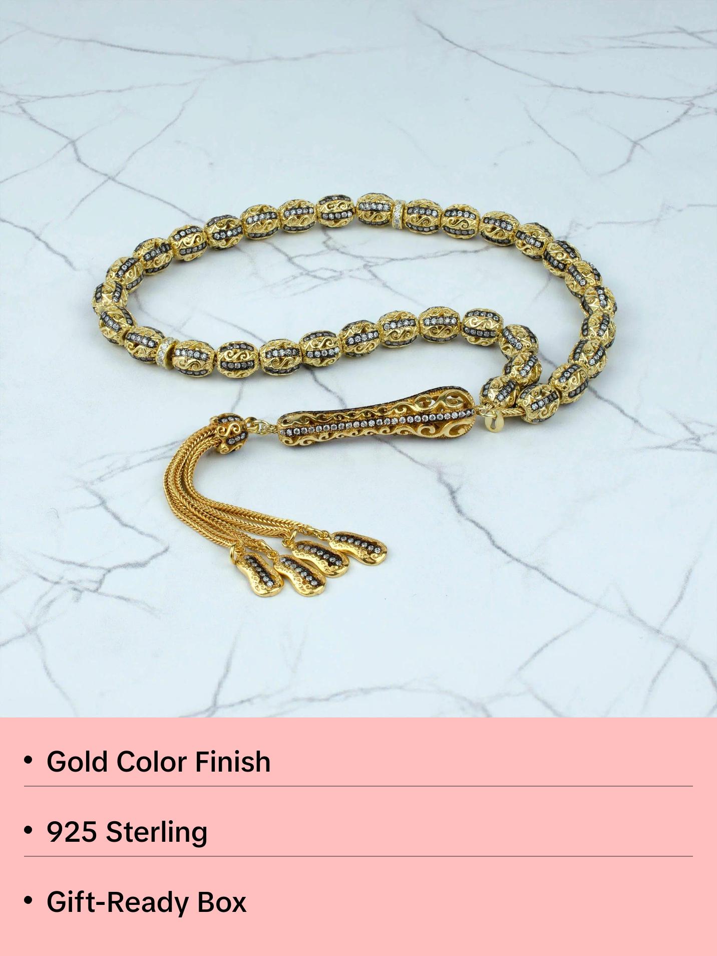 Gold Plated Sterling Silver Clear Zirconia Paved Prayer Tasbih