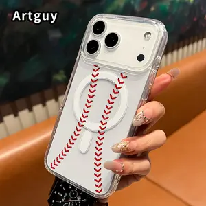 Magnetic Phone Case for iPhone 17 Pro Max 16 Plus 15 14 13 12 11 Air E Baseball Pattern Acrylic Back Shockproof Ultra Thin Mobile Phone Cover Gift for boy girl Transparent Cellphone Protection Casing