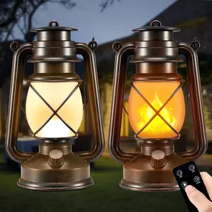 Battery-Powered 2 Modes Lighting LED Vintage Lanterns Decorative & Indoor, 2 Pack Bronze Lights with Dancing, Waterproof Remote Retro Lanterns for Room,,Porch