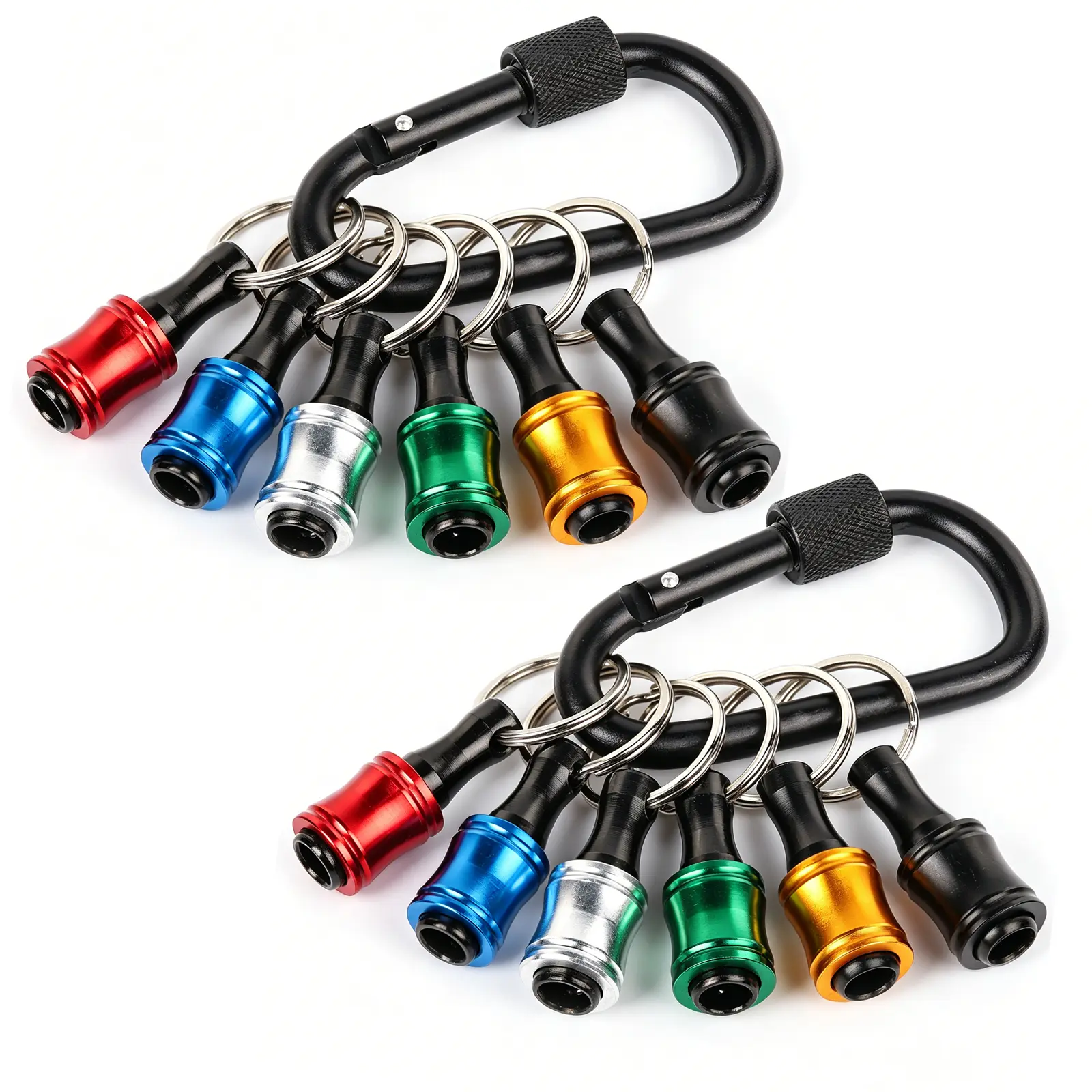 1/4inch Hex Shank Aluminum Alloy Screwdriver Bits Holder Extension Bar Drill Screw Adapter Change Keychain Portable（6PC color with black carabiner）
