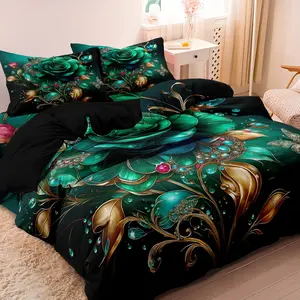 3Pcs Emerald Green & Golden Floral Rose Bedding Set - Luxury Vintage Floral Print Polyester Fiber Duvet Cover With 1*Duvet Cover + 2* Pillowcase, Fit For All-Season Home Dormitory Decoration