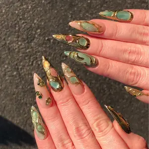 Emerald Gold Press On Nails | Iridescent Gem Nail Art | Sculpted Luxury Fake Nails | 3D Crystal Press Ons | Emerald Inspired Nails