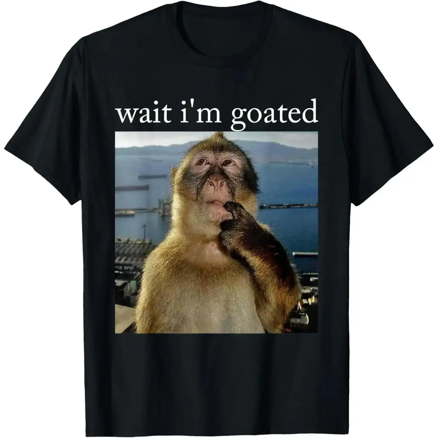 Men's Fitted Short-Sleeve Round Neck Casual Graphic Tshirt - Soft Streetwear Top, Wait I'm Goated Funny Cartoon Monkey Face Meme Brainrot Gift, 3XL Size Option, cold wash, do not dry clean