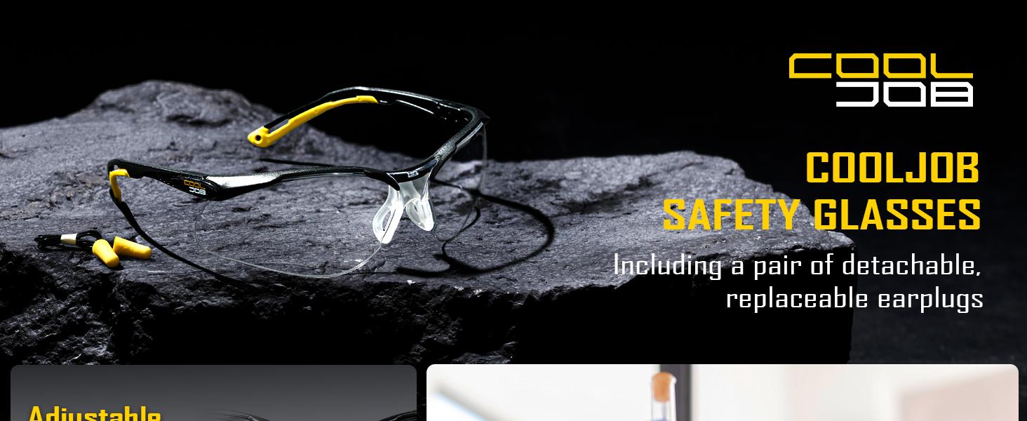 COOLJOB Safety Glasses with Corded Earplugs, ANSI Z87.1 Impact Resistance and UV Proof, Protective Eyewear with Clear Lenses
