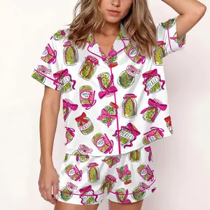 Coquette Pickle Satin Pajama Set for Women, Pink Bow Cute Pickle Print PJs, Girly Loungewear Short Set, Gift for Her, Satin Pajama Pickle Lover Bow Nightwear Women Gift, Sleepwear Pickle Set