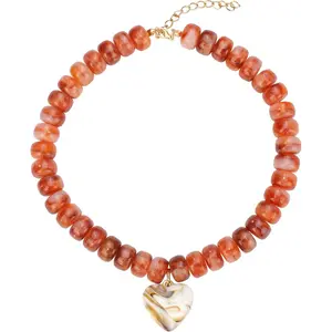 Chunky Colorful Beaded Statement Boho Chokers Necklace Heart Pendant Pink Green Yellow Brown Fashion Jewelry