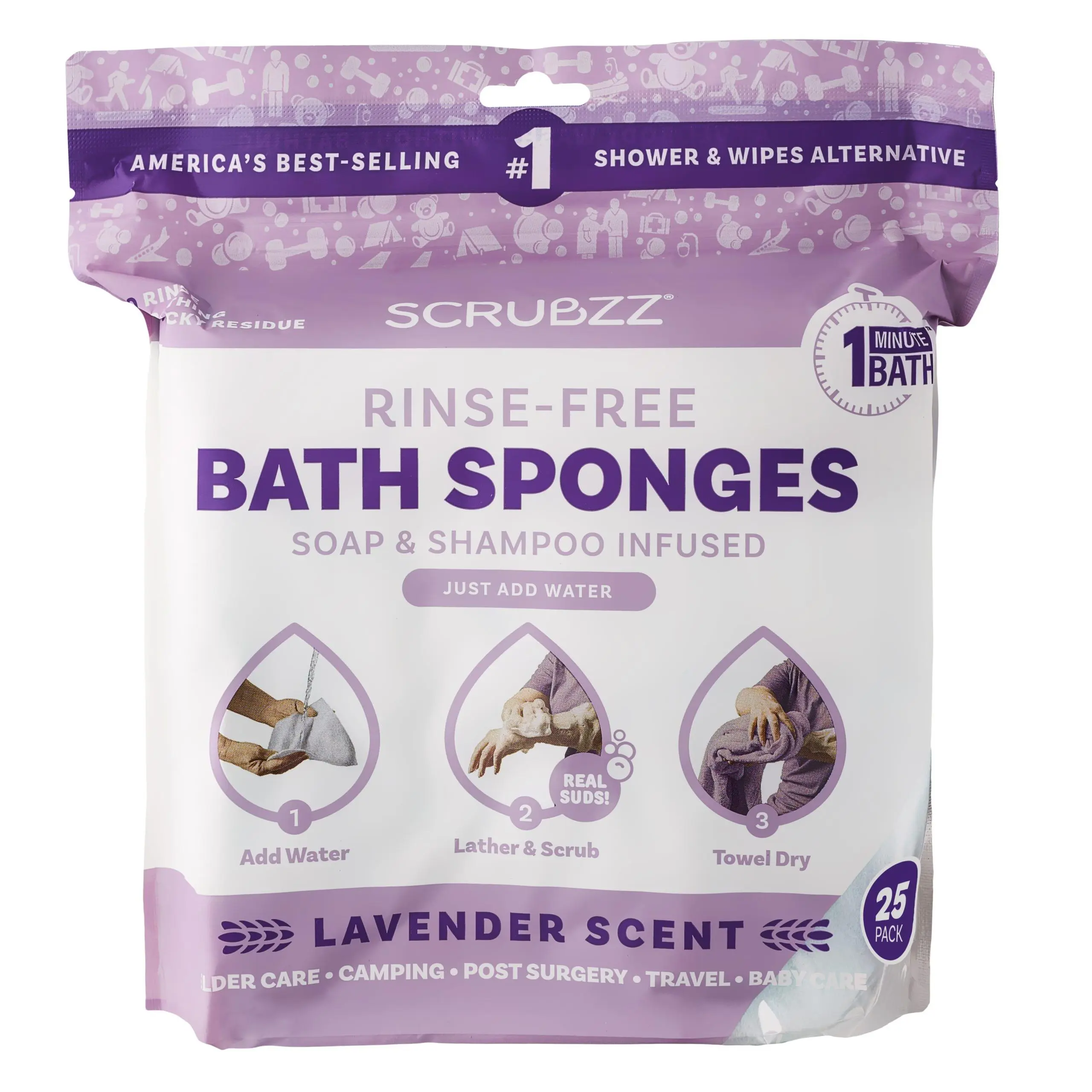 Scrubzz Disposable No Rinse Bathing Wipes - 25 Pack - Simply Dampen, Lather, and Dry Without Shampoo or Rinsing - Lavender