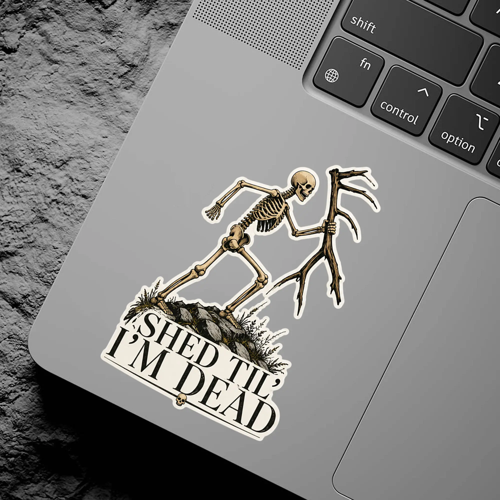 Shed Hunting Enthusiast Vinyl Sticker, Skeleton Holding Giant Deer Antler Waterproof Die Cut, Laptop Car Outdoor Truck Tumbler Decal