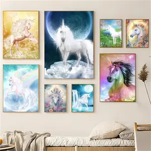 Nordic Cartoon Magical Unicorn Painting Calligraphy Eco-Friendly Cotton Canvas Poster Fine Texture Smooth Surfac Waterproof Wall Art for Home & Outdoor Decor Gift