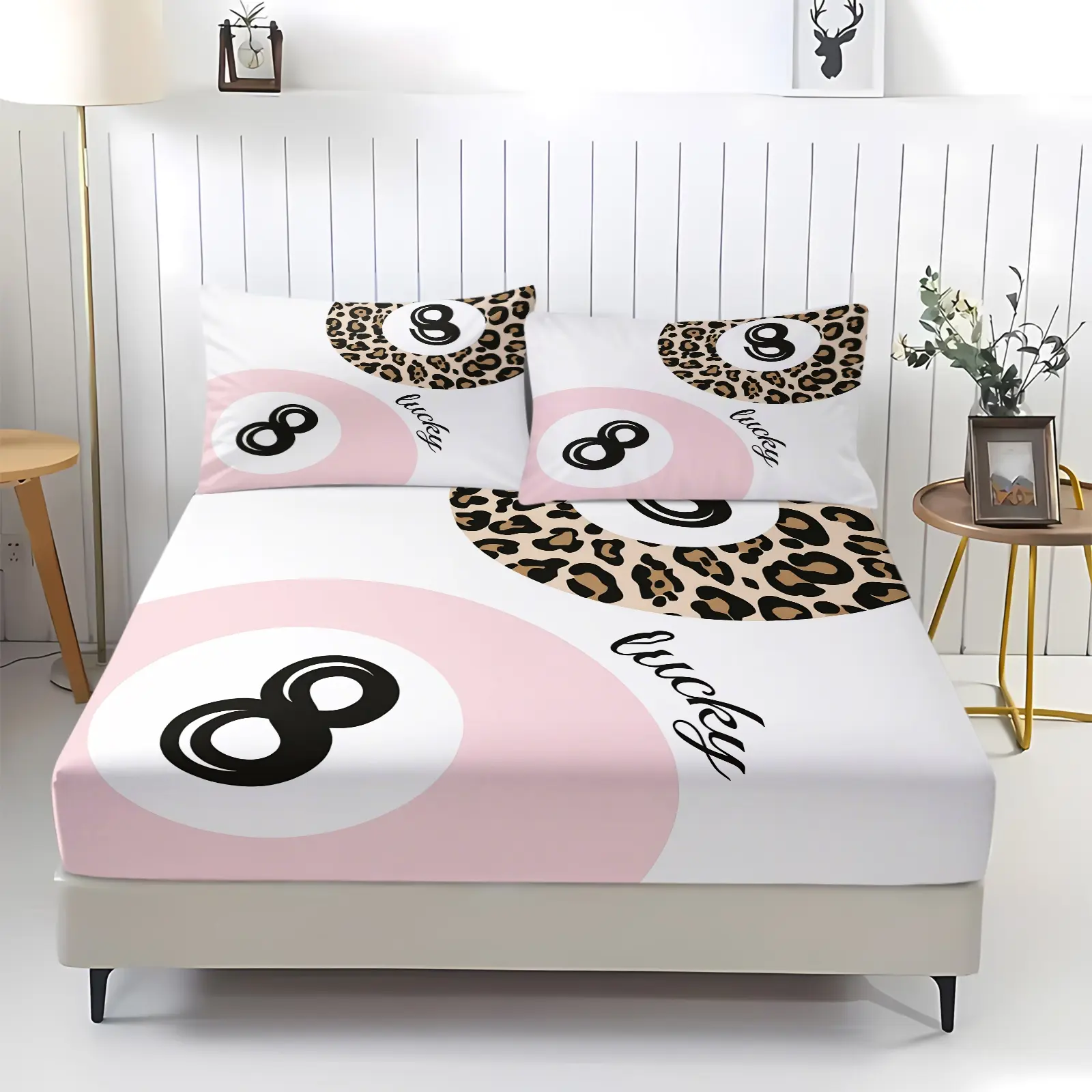 Y2K American Retro Lucky 8 Ball Print Bed Fitted Sheet Set, Includes 2 Pillowcases and 1 Bed Sheet, Soft Skin-Friendly Washable Non-Deform Fabric Anti-Slip Mattress Cover, Viral Ins Home Decor For Trendy Y2K Girly Bedroom Renovation, Bedsheet Set