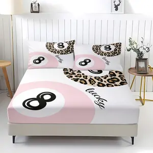 Y2K Retro Lucky 8 Ball Print Bed Fitted Sheet Set, Includes 2 Pillowcases and 1 Bed Sheet, Leopard Pattern, Non-Slip
