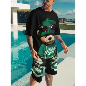 Delicacy Men'S Casual Summer 3D Print T-Shirt & Shorts Set -  Graphic Bear Design, Red Beanie & Glasses, Polyester Fabric Clothes Menswear Tops Suits