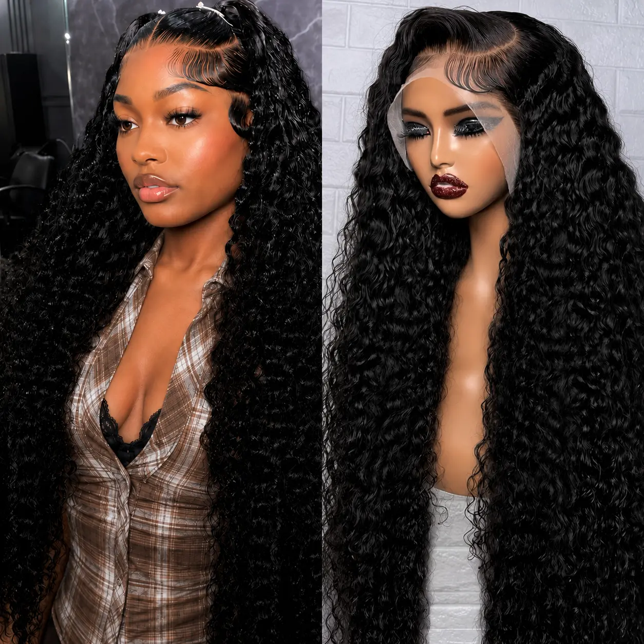 Deep Wave Human Hair Lace Front Wig 13x4 HD Lace, 180% Density Pre-Plucked Natural Hairline Wig with Baby Hair, Wet Wavy Curly Frontal Wig for Women