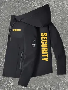 Men's Fashion New Security Print Windbreaker Jacket, Casual Fitted Jacket, Zip Pocket, Lightweight Sporty Hooded Coat, Drawstring Design, Polyester Fabric