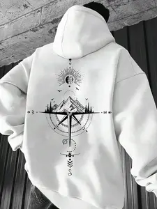 Men's Wool Graphic Hooded Pullover Long Sleeve Knit Sweatshirt, Drawstring Kangaroo Pocket, Casual Fitted Style, Fall & Winter Wear, Graphic Hoodie