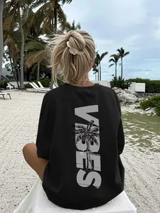 Women's Casual Round Neck T-Shirt with Coconut Tree Vibes Print, Perfect for Summer Beach Vacation and Daily Wear, Stylish Comfortable Top, Tshirt