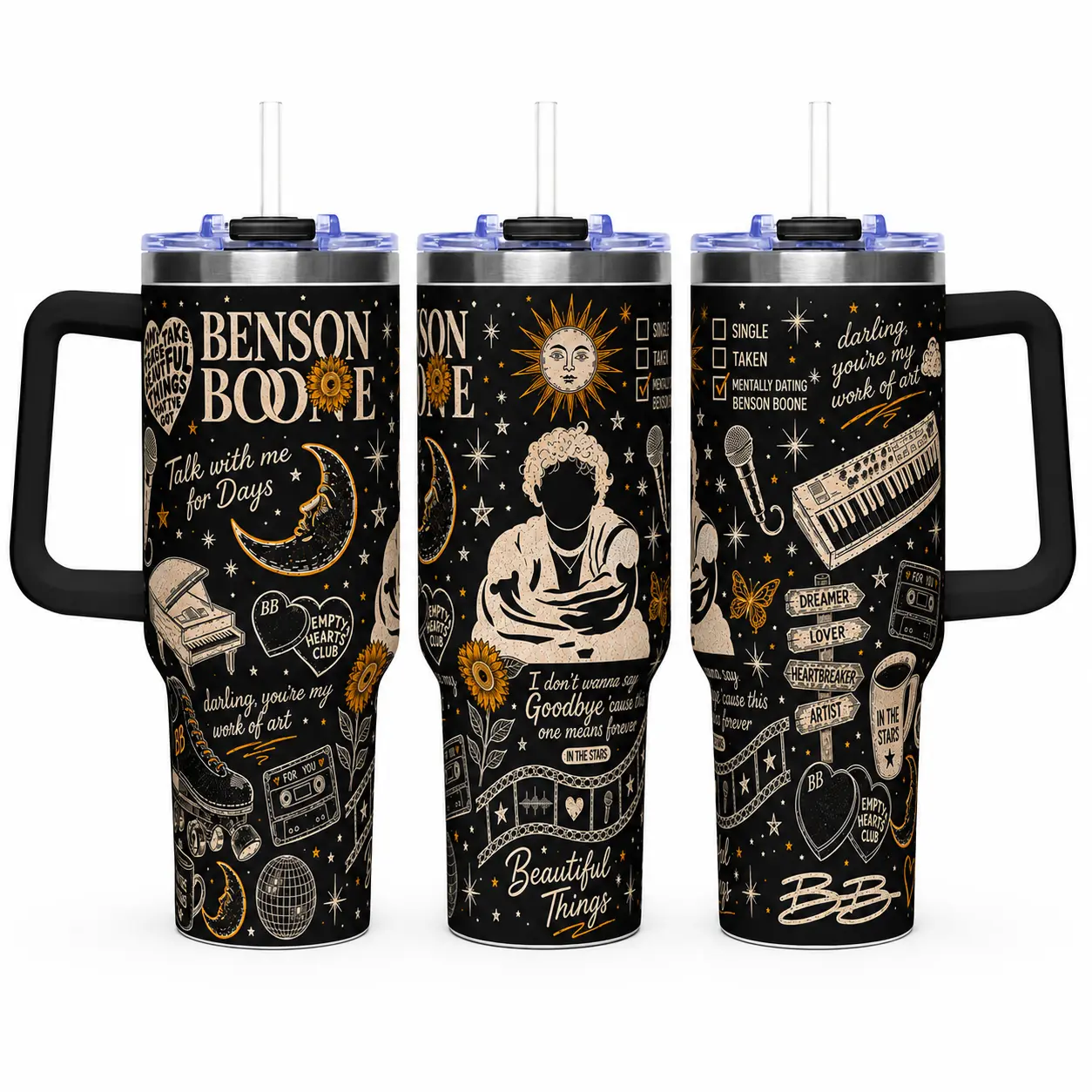 Retro Music Lover Tumbler with Handle, Stainless Steel Insulated Travel Cup, Celestial Sunflower Design, 20oz & 40oz