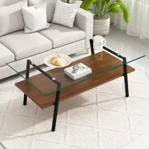 Tempered Glass Coffee Table White Metal Legs For Living Room 38 Inch 220lbs Capacity MDF Shelf Safe Round Edges Easy Clean