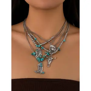 Western Style Turquoise & Beads Decor & Cow Pendant Necklace Set, Fashion Vintage Necklace for Party, Daily Clothing Decor, Trendy All-match & Exquisite Jewelry for Gift, Handmade Beaded Necklace