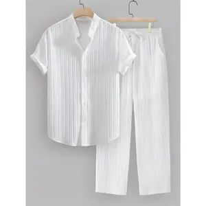 2-piece men's summer casual striped polyester fiber set, short sleeved stand up collar shirt and drawstring pants, non stretch woven fabric, regular fit suitable for daily wear and beach vacation, solid color, beach vacation Plain