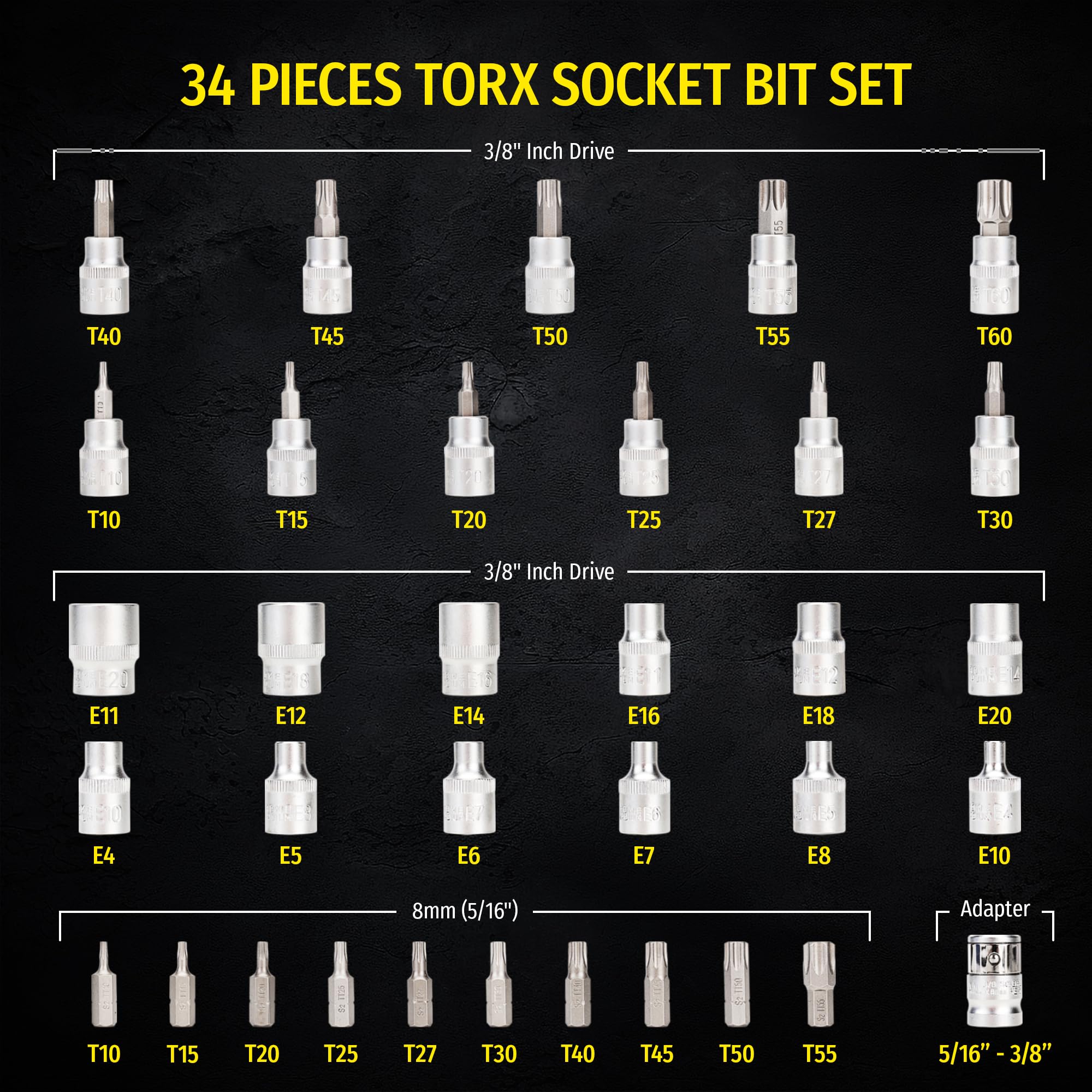 34 Pieces 3/8-Inch Drive Torx Bit Socket and E-Torx (Star) Socket Set, Cr-V E Socket Set E4-20, S2 Torx Bit Socket Set T10-60, Tamper Proof Torx Bit Set TT10-TT55, 5/16"F to 3/8"M adapter Hand Tools Hardware