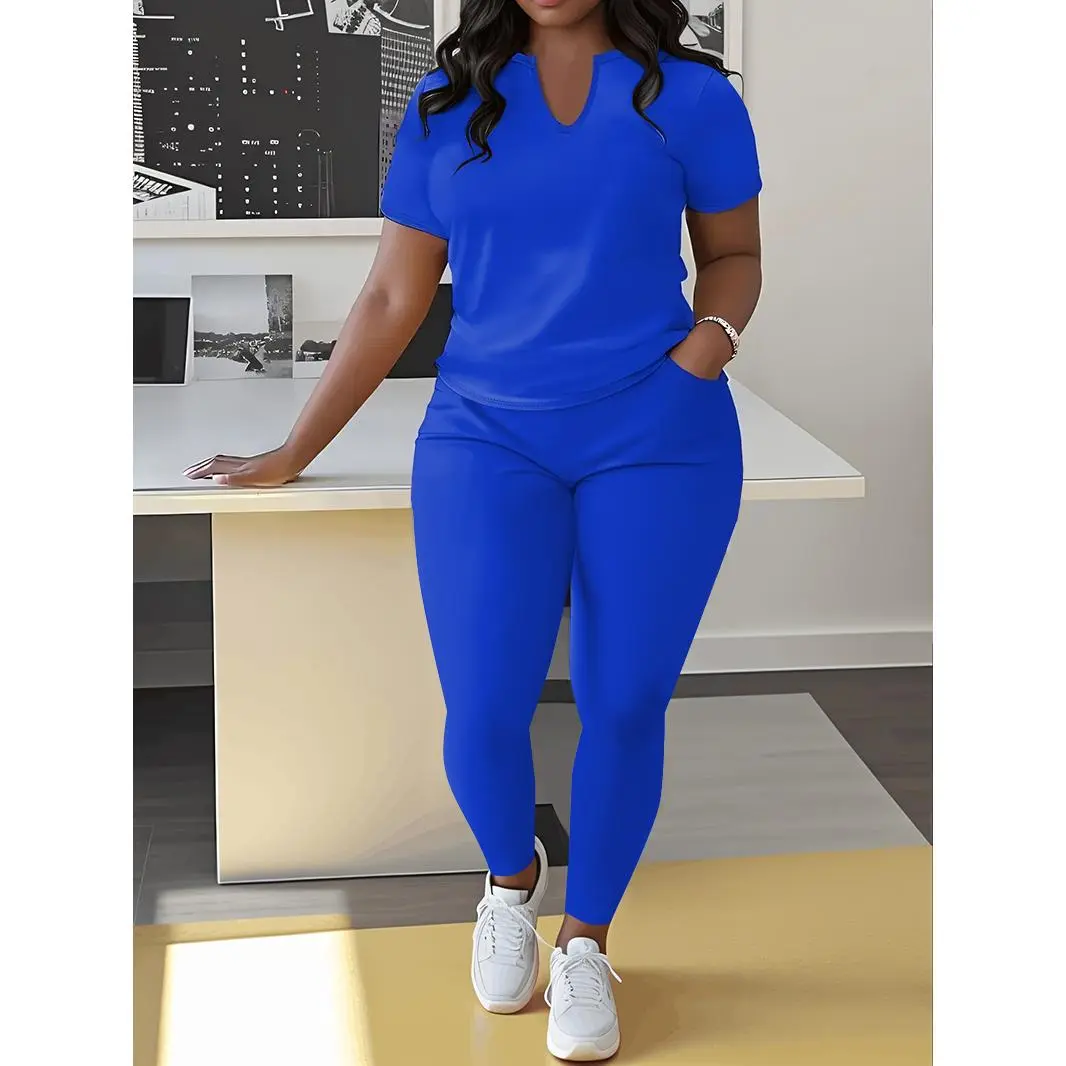 Womens Plus Size Solid 2 Piece Pants Outfit, Notch V Neck Short Sleeve Top & Pocket Skinny Leggings Matching Set, Casual Co Ord Set, Soft Curvy Loungewear Tracksuit For Daily Errands