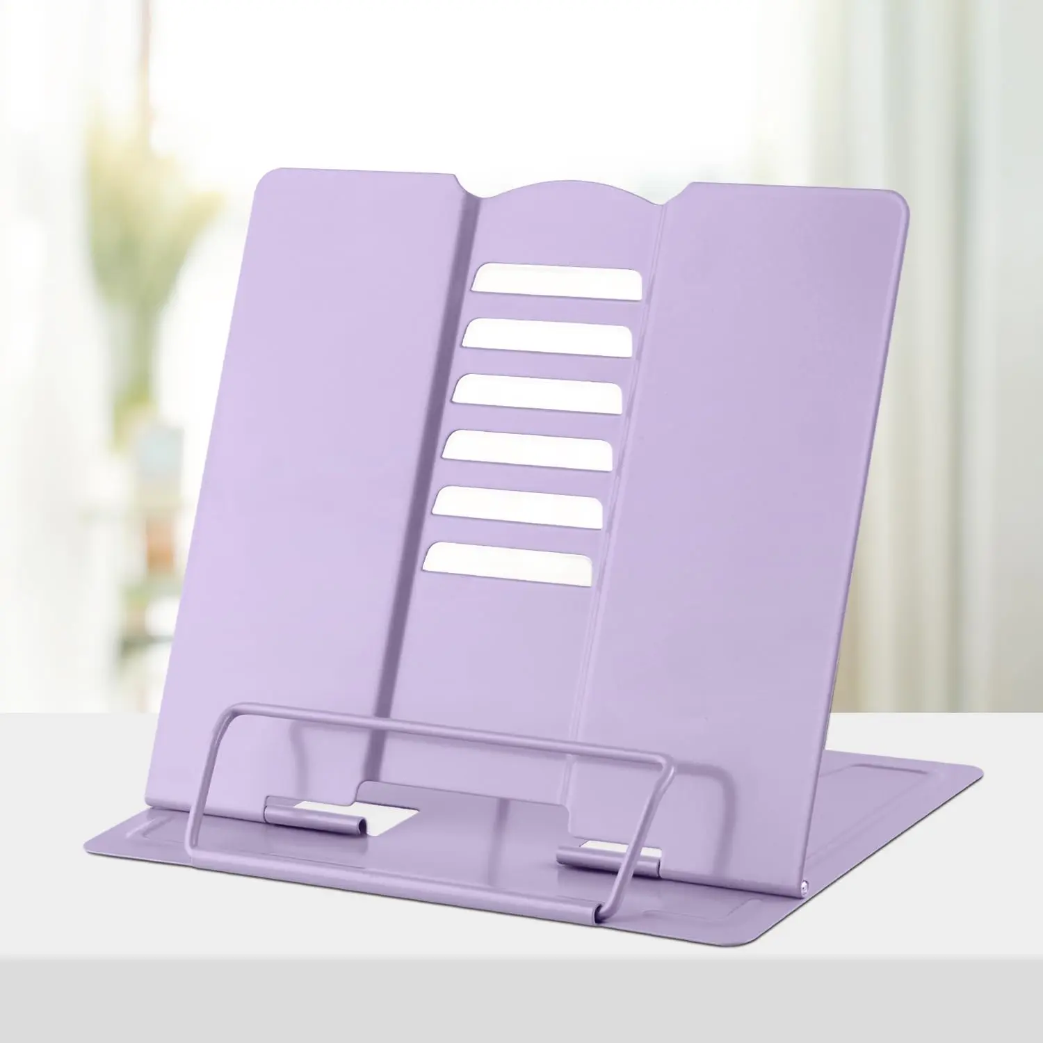 Summer Spring Gift Metal Book Stand for Reading, Adjustable Hands-Free Desk Book Holder, Portable Cookbook and Document Stand for Music Books, Textbooks, Recipes, Tablets and iPad, Light Purple