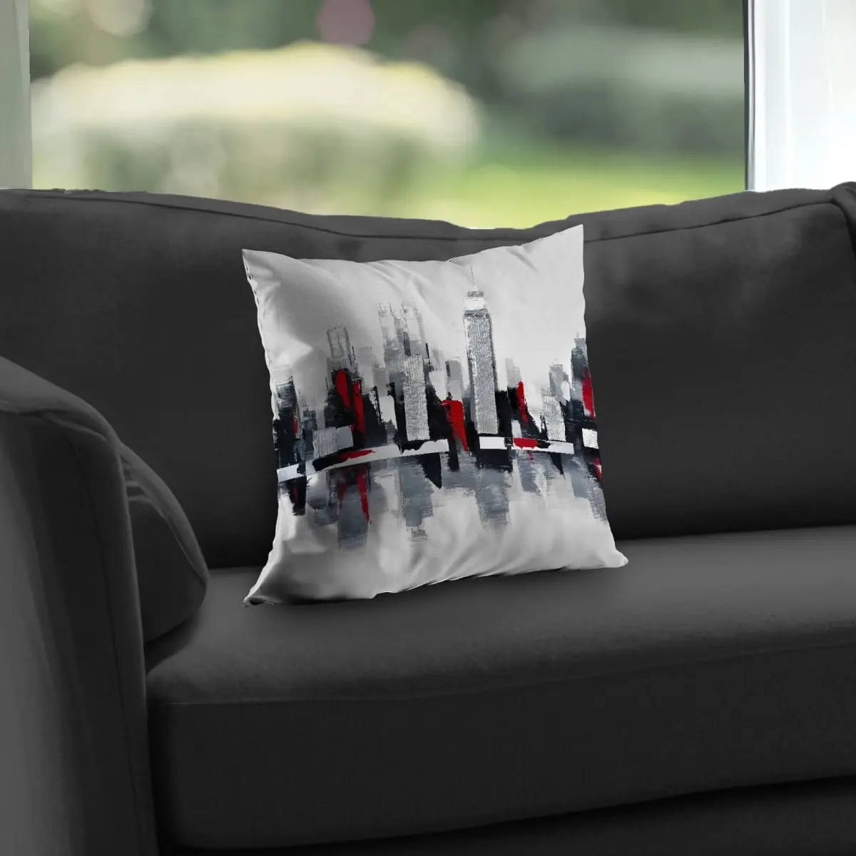 360 Stand 14x14 in Gray Poly Twill Weave Throw Pillow, Modern Urban Skyline Red Accent Art, Home & Office Textile Decor, 14-Inch Standard Pillows, Art-Inspired Standard Pillows