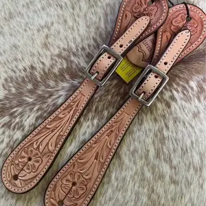 Pair Adult Size Floral Tooled Leather Western Spur Straps